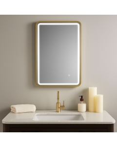 Haworth 600mm Rectangle Front-Lit LED Mirror - Brushed Brass - In Situ