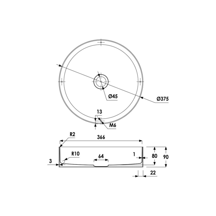 Abode Iox 375mm PVD Black Round Steel Countertop Wash Basin and Waste CAD Drawing - ABB1002