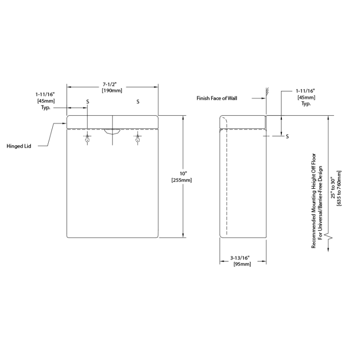Bobrick ConturaSeries Surface-Mounted Satin Stainless Steel Sanitary Bin 3.8L CAD