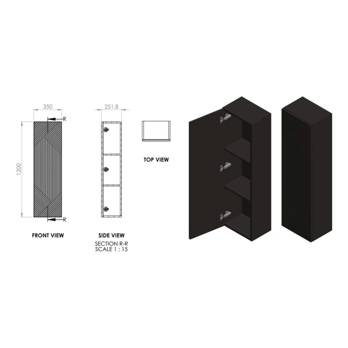 Prestige Matt Oak Featherstone 350mm Wall Hung 1 Door Tall Unit CAD Drawing - CNPW108509
