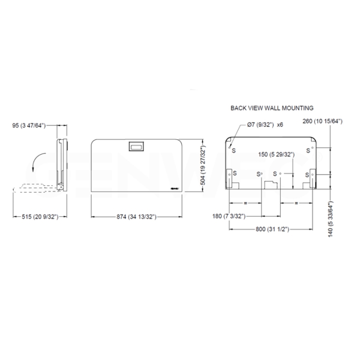 Genwec Matt Black Stainless Steel Horizontal Baby Changing Unit CAD Drawing on a white background - GW07050401-MB