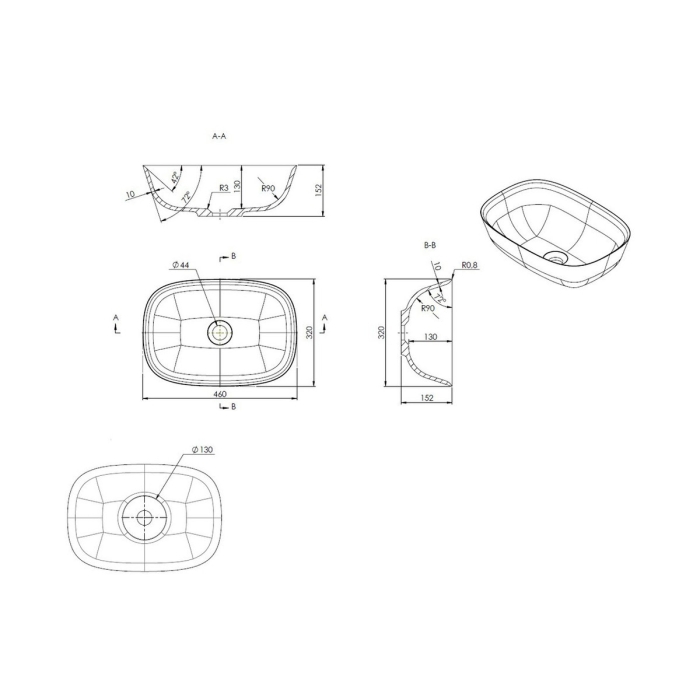 Prestige Bawtry Matt Latte 460 x 320mm Resin Countertop Wash Sink Basin CAD Drawing - CNPW109918