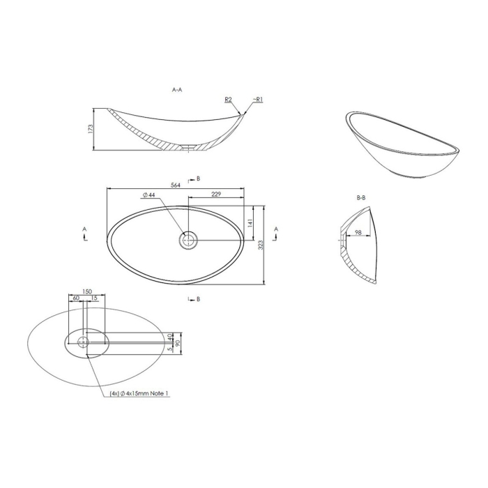 Prestige Hornsea Latte 564 x 323mm OTH Countertop Resin Sink Wash Basin CAD Drawing - CNPW109916