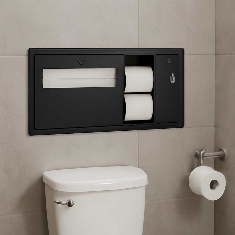 Bobrick R/H Matt Black Recessed Toilet Tissue, Seat Cover and Waste Disposal in situ - B3092.MBLK
