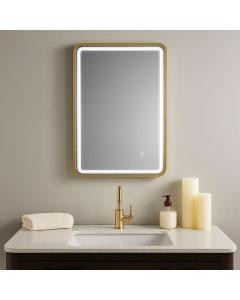 Haworth 600mm Rectangle Front-Lit LED Mirror - Brushed Brass - In Situ