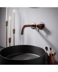 Vos Single Lever Wall Mounted Basin Mixer Tap with Slim Spout - Brushed Bronze close up image in situ - 21173BRZMP