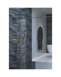 JTP Vos 200mm Brushed Brass Round Shower Head working in situ - 23200BBR