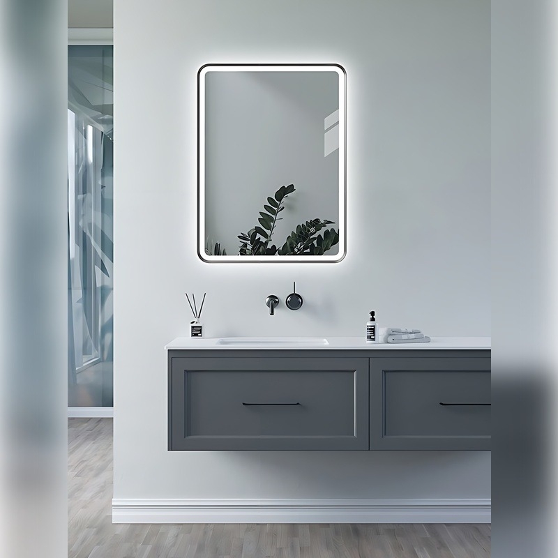 Haworth 600mm Rectangle Front-Lit LED Mirror - Matt Black- In Situ