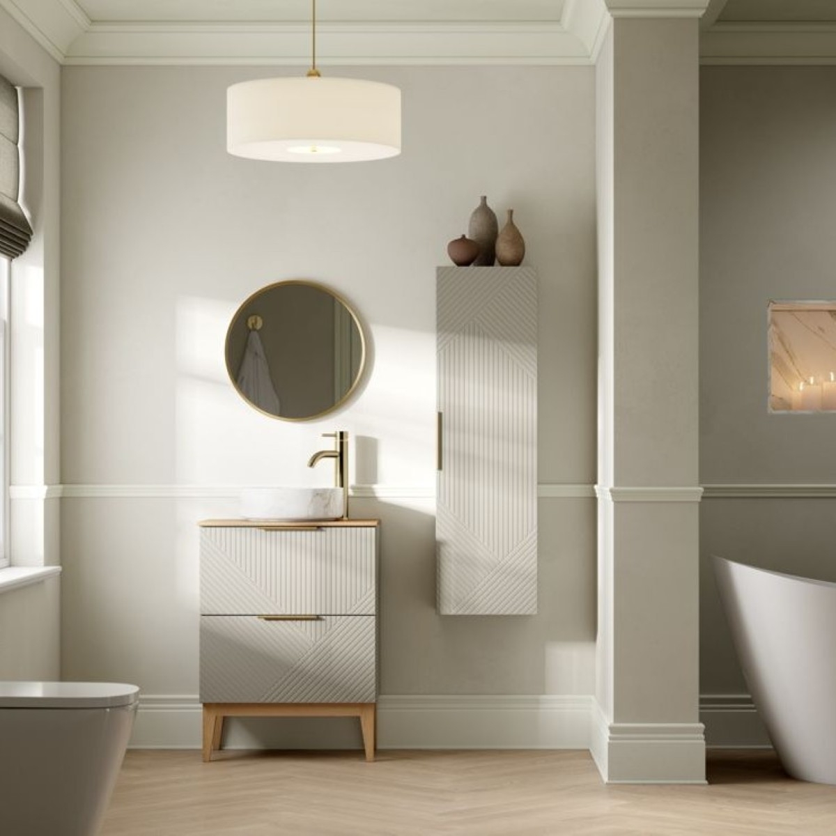 Prestige Featherstone Matt Oat 610mm Floor Standing 2 Drawer Basin Unit & Worktop lifestyle image - CNPW108503