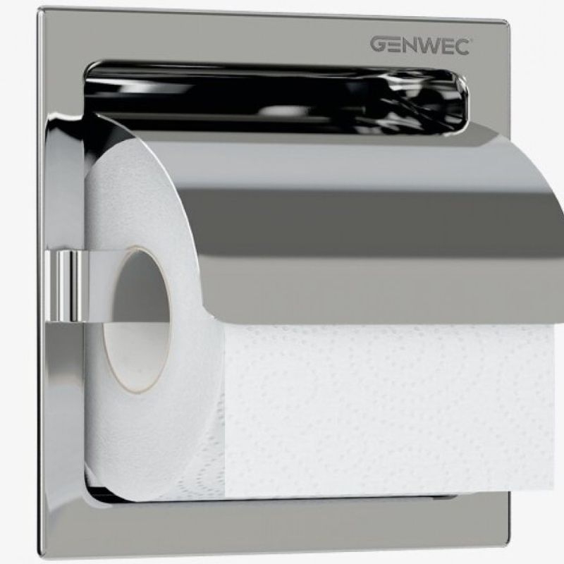 Genwec Polished Stainless Steel Recessed Single Toilet Roll Holder Close up image on a white background - GW03090402