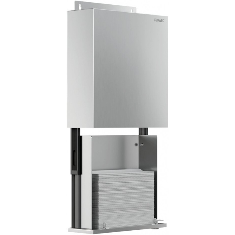 Genwec Brushed Stainless Steel Behind Mirror Fixed Paper Dispenser side view on a plain white background - GW03 29 04 01