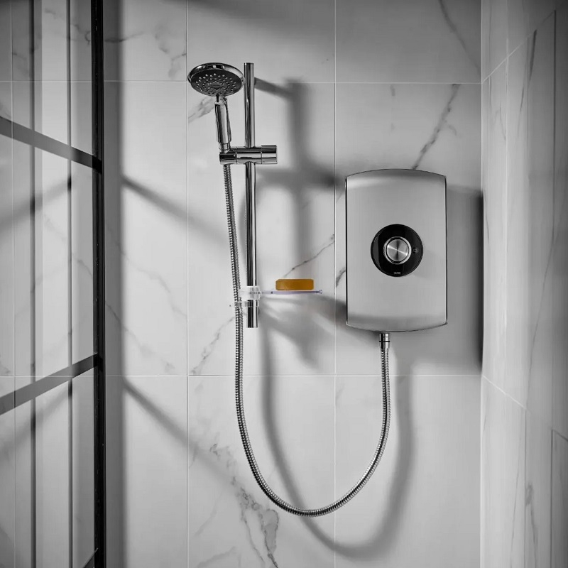 Triton Brushed Steel Electric Shower In Situ