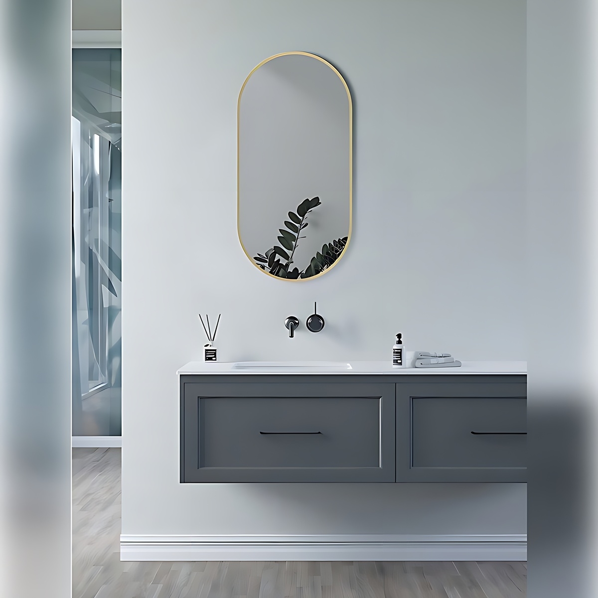 Yorvik 800mm x 400mm Oblong Mirror - Brushed Brass lifestyle CNPW106265