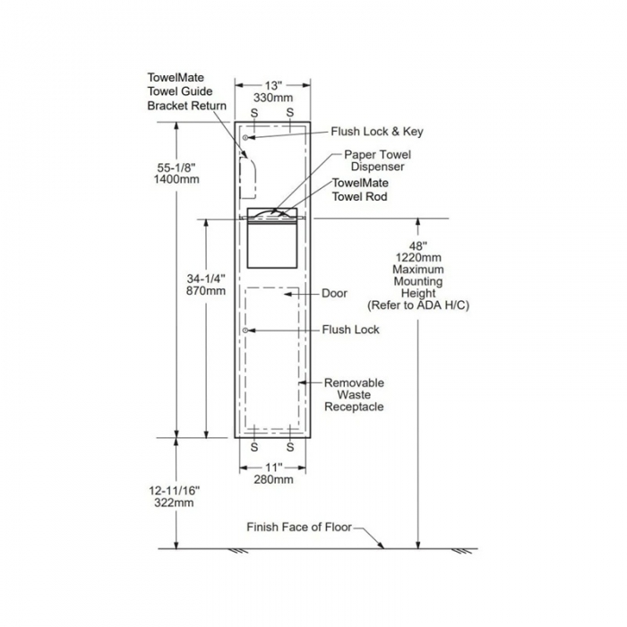Bobrick Trimline Recessed Paper Towel Dispenser and 14 Ltr Waste Bin CAD Drawing - B38034