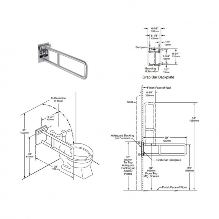 Wall-Mounted Swing-Up Grab Bar Bobrick - Cad Drawing