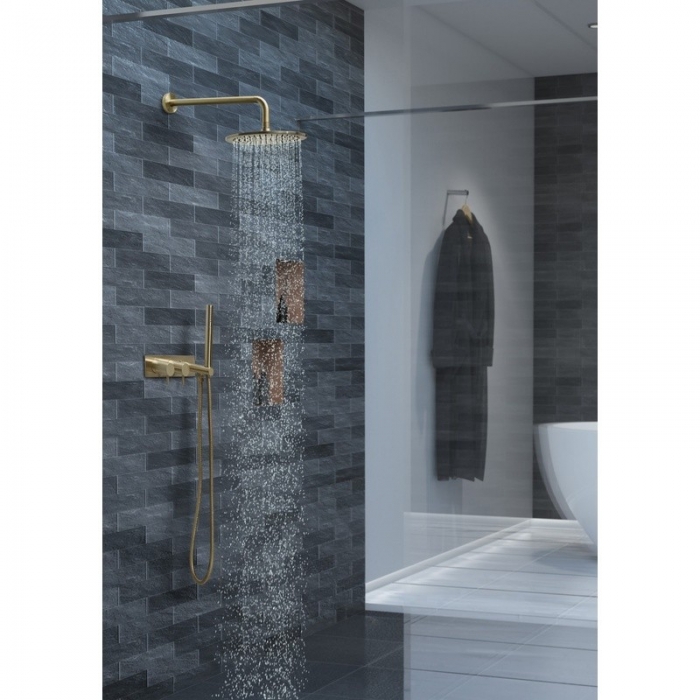 JTP Vos 200mm Brushed Brass Round Shower Head working in situ - 23200BBR