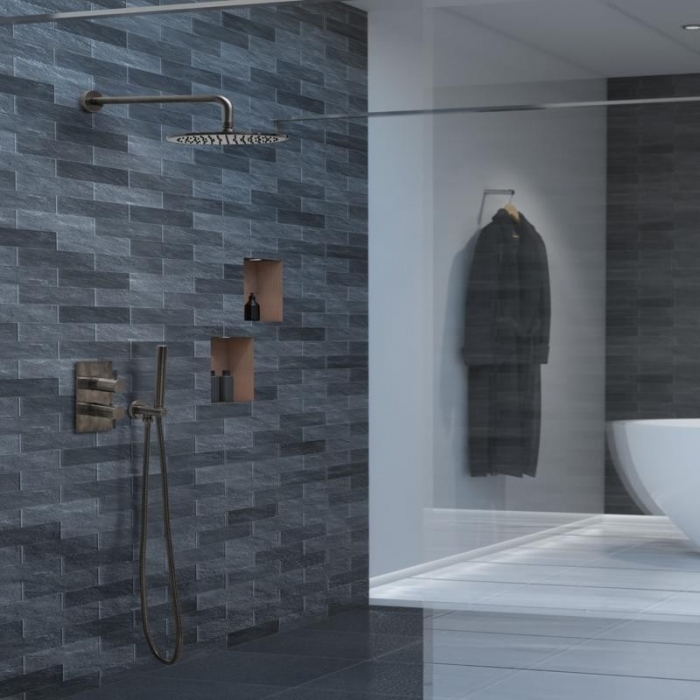 JTP Vos 400mm Brushed Black Wall Mounted Shower Arm in situ - 2721400BBL
