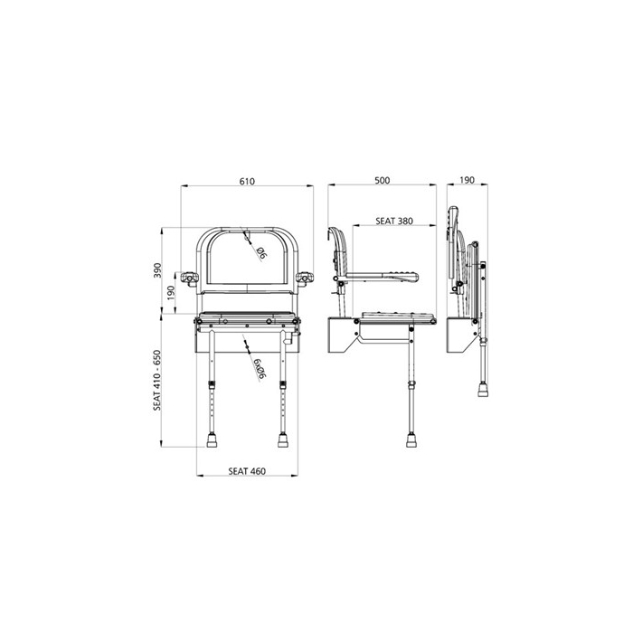 Wall Mounted Padded Shower Seat - With Back, Arms and Legs - NS.DSSC3