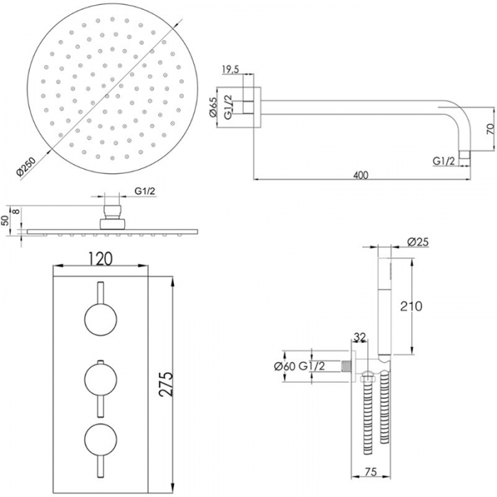 JTP Vos 2 Outlet Shower Combination - Brushed Bronze Cad Drawing - COM091