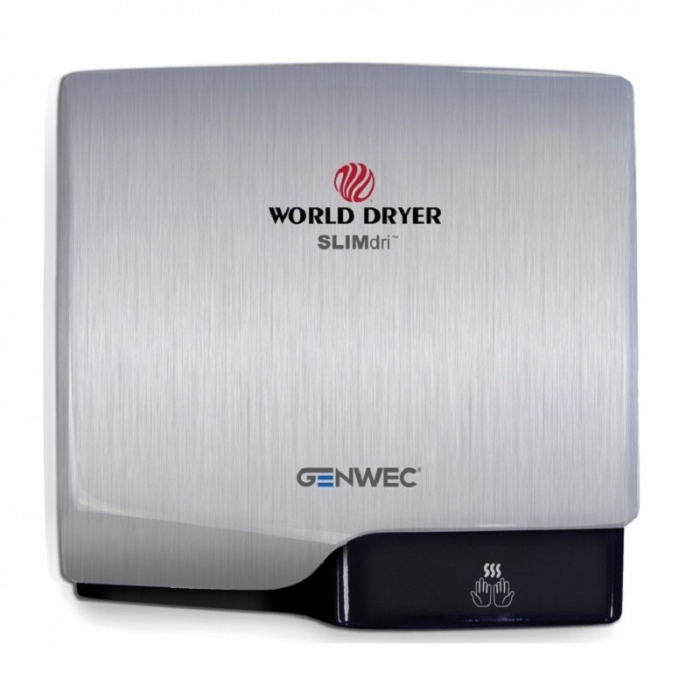Genwec World Dryer Slimdri Hand Dryer - Brushed Stainless Steel on a plain white background - GW01030401