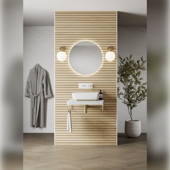 Abode Mayar 600mm Round LED Mirror - Brushed Brass - In Situ