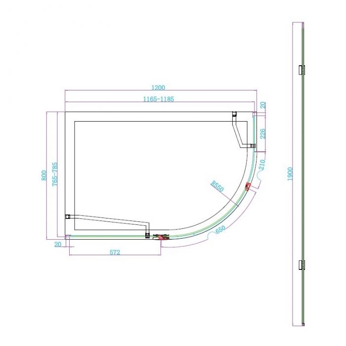 Scudo Athena Matt Black Hinged Offset Quadrant Shower Enclosure - CAD Drawing
