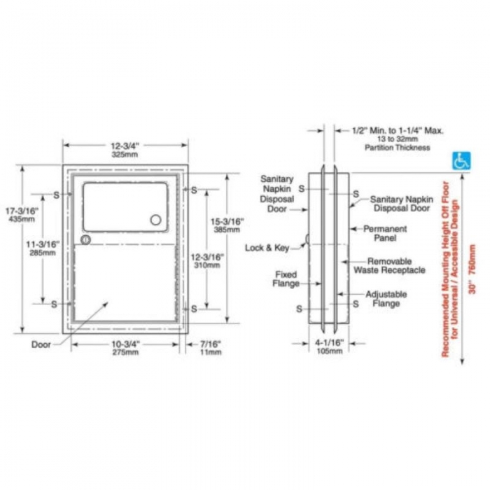 Partition-Mounted Sanitary Bin 4.6L Bobrick - Cad Drawing