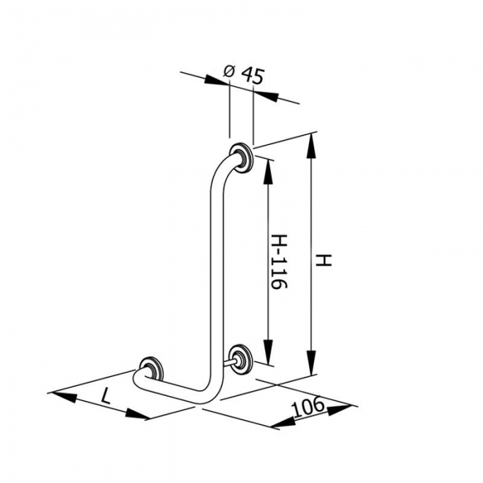 Prestige Left Hand Angled Grab Rail 650mm x 350mm - Satin Stainless Steel - CAD Image