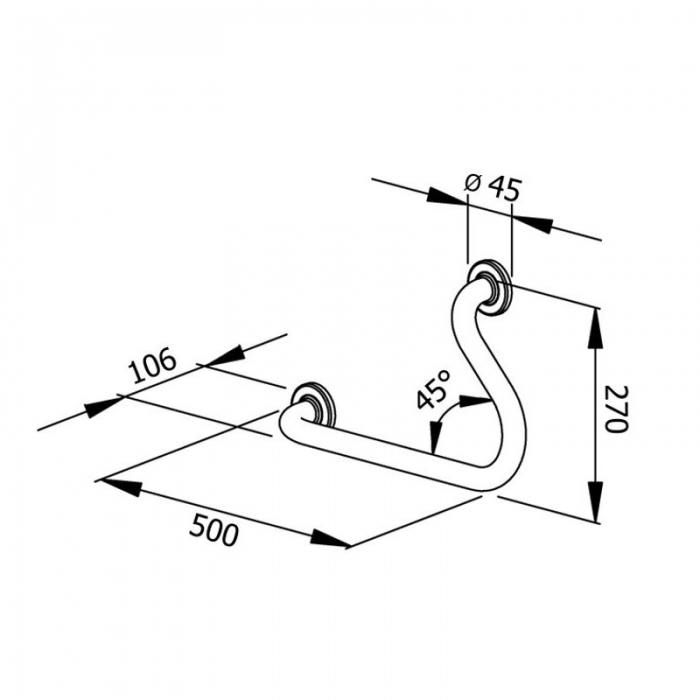 Prestige Left Hand 45° Angled Grab Rail 500mm x 270mm - Satin Stainless Steel CAD Image