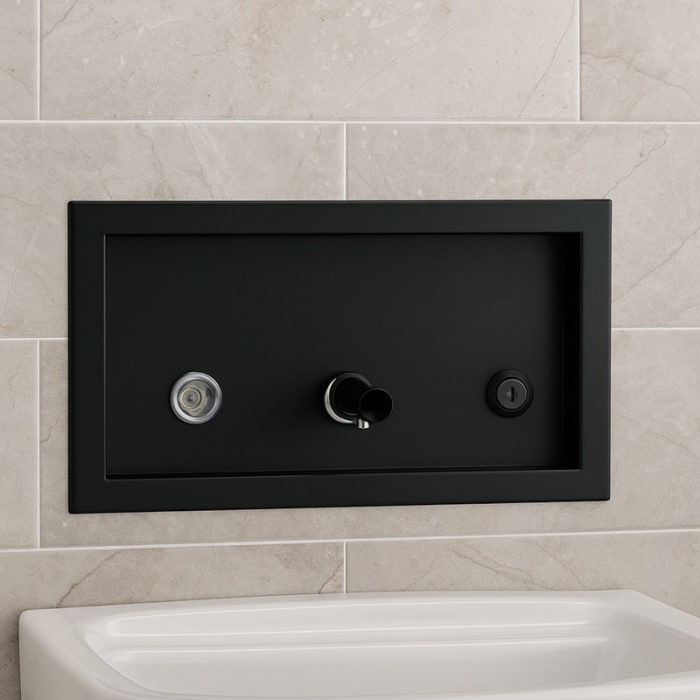 Bobrick Trimline 1.3L Matt Black Recessed Liquid Soap Dispenser in situ - B306.MBLK