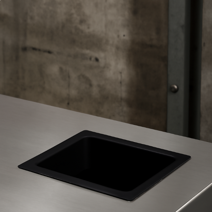 Prestige Sugatsune Square Waste Chute Smooth Matt Black - 170mm In Situ