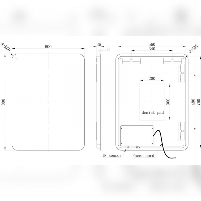 Howden 600x800mm Rectangle Back-Lit LED Mirror - Cad Drawing