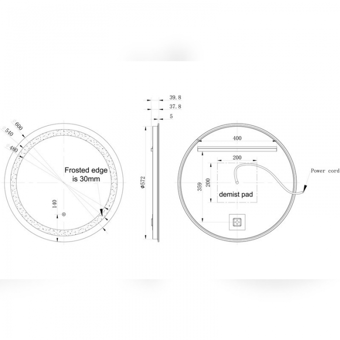 Hooton 600mm Round Front-Lit LED Mirror - Cad Drawing