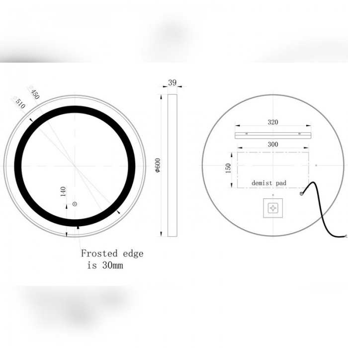 Grimston 600mm Round Front-Lit LED Mirror - Brushed Brass - Cad Drawing