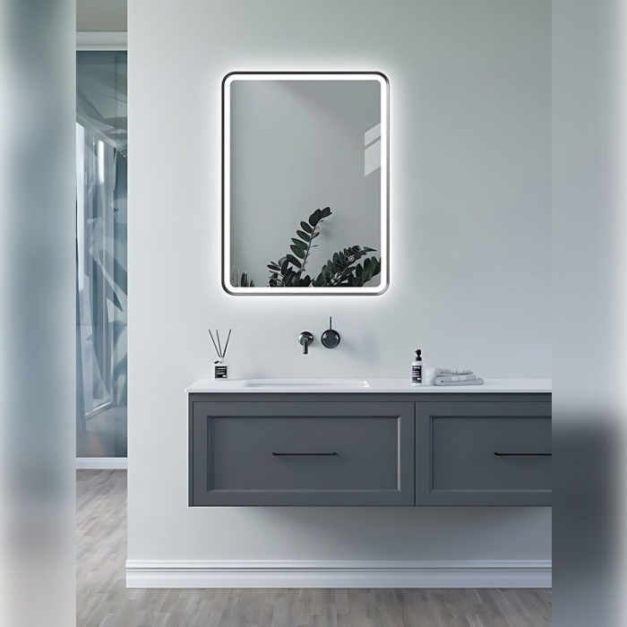 Haworth 600mm Rectangle Front-Lit LED Mirror - Matt Black- In Situ