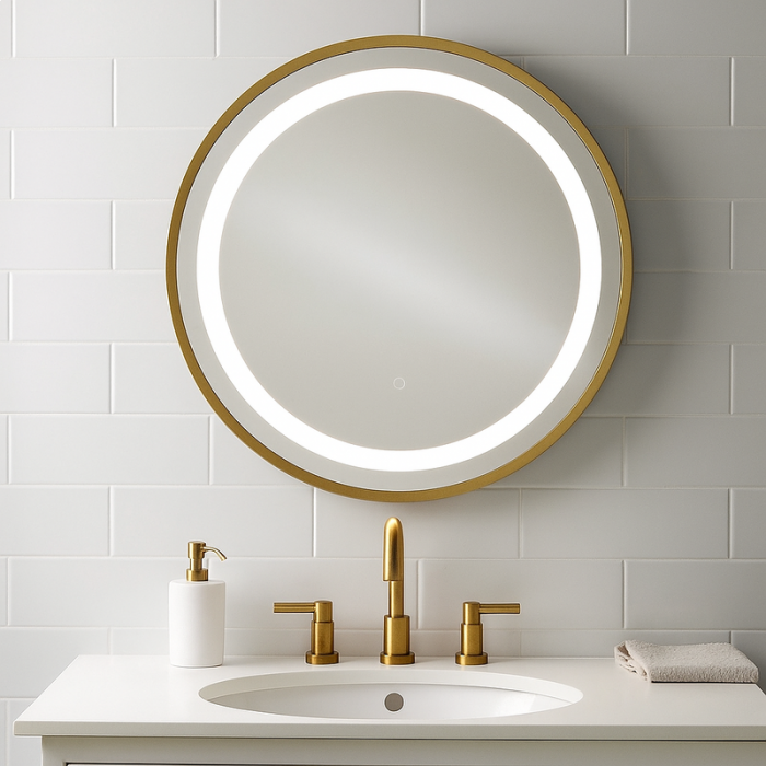 Grimston 600mm Round Front-Lit LED Mirror - Brushed Bronze - In Situ