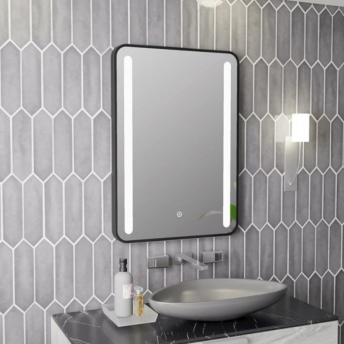Abbey 500x700mm Rounded Front-Lit LED Mirror - Black - In Situ