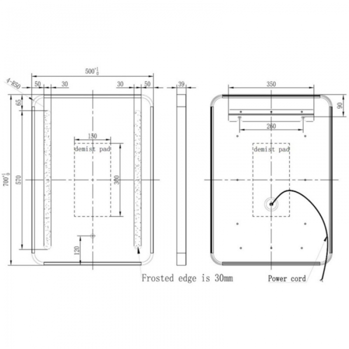 Abbey 500x700mm Rounded Front-Lit LED Mirror - Brushed Brass - Cad Drawing