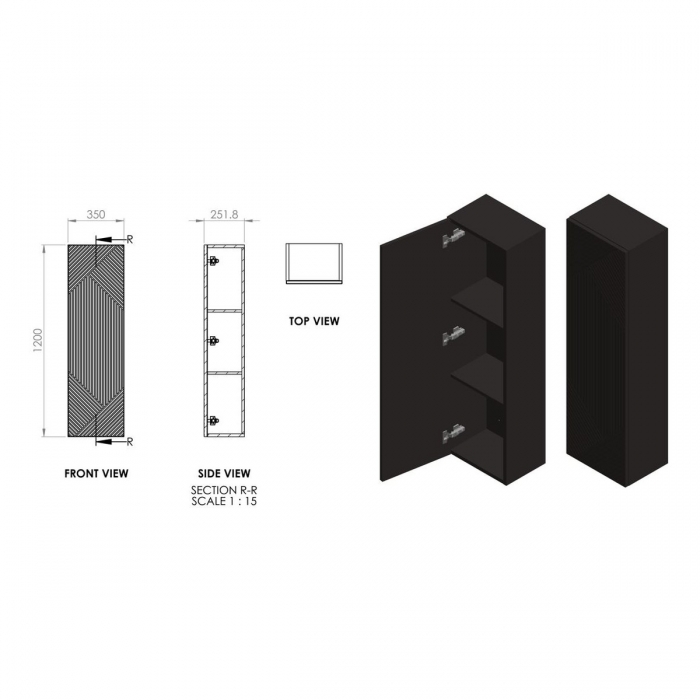Prestige Matt Graphite Grey Featherstone 350mm Wall Hung 1 Door Tall Unit CAD drawing - CNPW108510