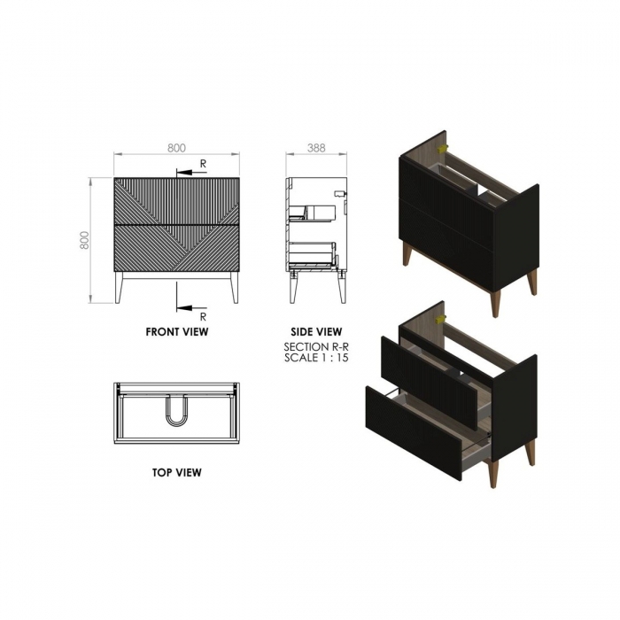 Prestige Featherstone Matt Oat 810mm Floor Standing 2 Drawer Basin Unit & Maple Oak Effect Worktop CAD drawing image - CNPW108506