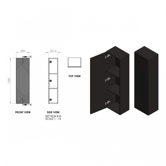 Prestige Matt Oak Featherstone 350mm Wall Hung 1 Door Tall Unit CAD Drawing - CNPW108509