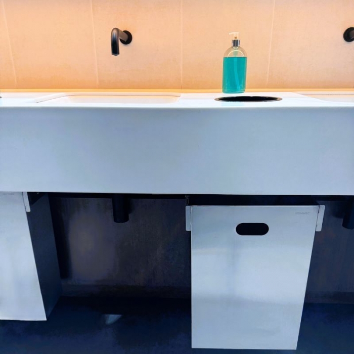 Genwec 20L Under-Counter Runner Waste Bin IN SITU  CLOSE UP WITH WASTE CHUTE