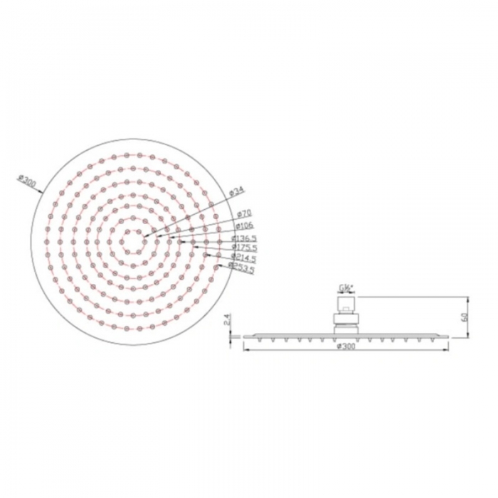 JTP Glide Polished Chrome Round Ultra-Thin 300mm Overhead Shower CAD Drawing - GLR300