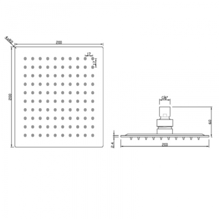 JTP Glide Polished Chrome Square Ultra-Thin 200mm Overhead Shower CAD Drawing