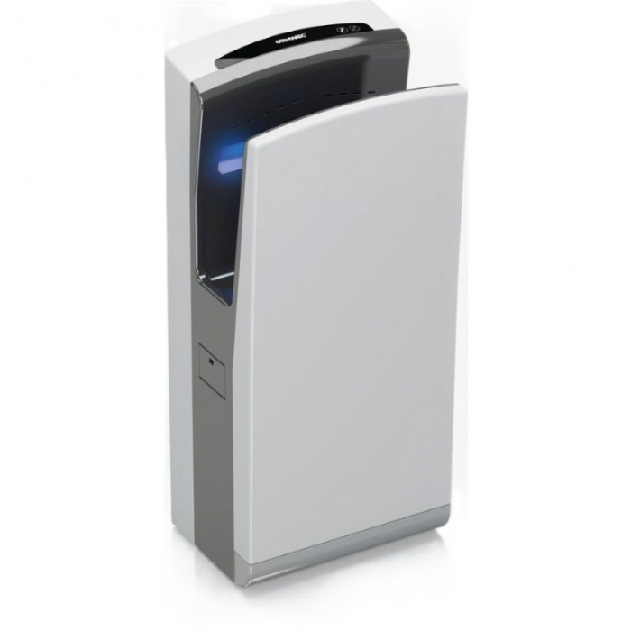 Genwec 1650W Bladeflow 2 Hands in Hand Dryer - White Stainless Steel close up side image on a plain white background - GW01180400