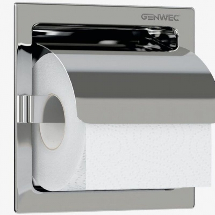 Genwec Polished Stainless Steel Recessed Single Toilet Roll Holder Close up image on a white background - GW03090402