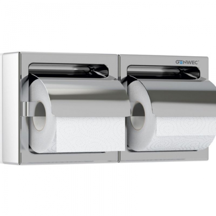 Genwec Surface Mounted Brushed Stainless Steel Double Toilet Roll Holder on a white background - GW03100402