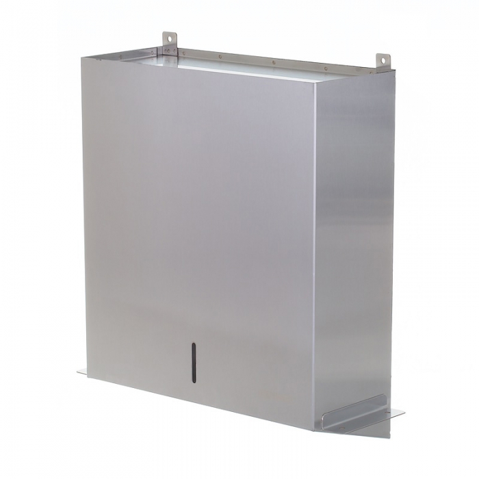 Genwec Behind Mirror Brushed Stainless Steel Paper Towel Dispenser side view of unit on a white background - GW03280401