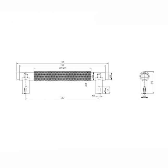 Scudo Knurled 160mm Handle - Brushed Brass Cad Drawing