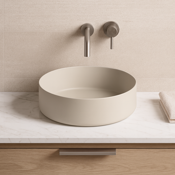 Prestige Hatfield Ceramic Round Washbowl & Waste - Matt Latte 355mm lifestyle CNPW109915 
